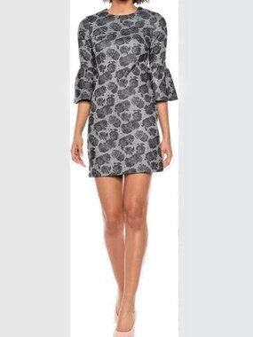 NWT Calvin Klein Women Size 2 Dress Flared Sleeve 65% Cotton Gray Rose Print